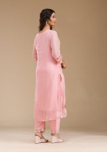 Baby Pink Organza Threadwork Straight Kurta With Pant Regular And Dupatta