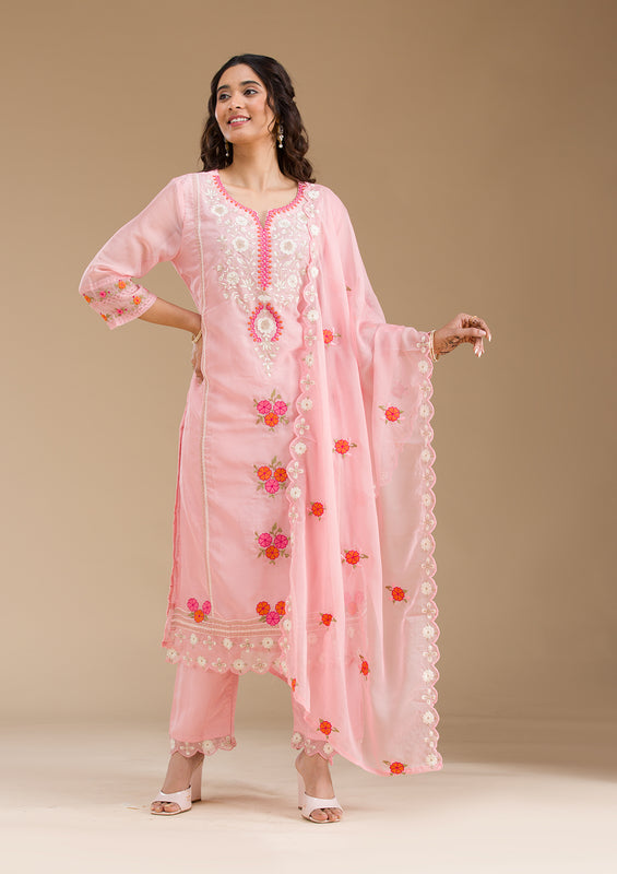 Baby Pink Organza Threadwork Straight Kurta With Pant Regular And Dupatta