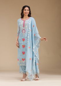 Sky Blue Organza Threadwork Straight Kurta With Regular Pant And Dupatta