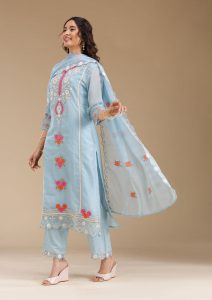 Sky Blue Organza Threadwork Straight Kurta With Regular Pant And Dupatta