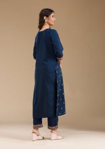 Navy Blue Organza Threadwork Straight Kurta With Pant Regular And Dupatta