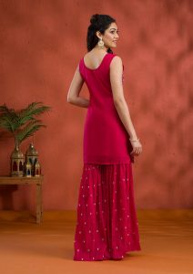 Rani Pink Tissue Gold Zariwork Straight Kurta With Sharara And Dupatta