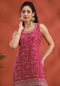 Rani Pink Tissue Gold Zariwork Straight Kurta With Sharara And Dupatta