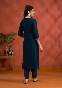 Peacock Blue Soft Raw Silk Threadwork Straight Kurta With Pant Regular And Dupatta