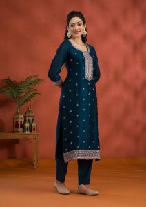 Peacock Blue Soft Raw Silk Threadwork Straight Kurta With Pant Regular And Dupatta