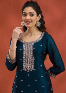 Peacock Blue Soft Raw Silk Threadwork Straight Kurta With Pant Regular And Dupatta