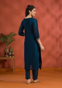 Peacock Blue Soft Raw Silk Gold Zariwork Straight Kurta With Pant Regular And Dupatta
