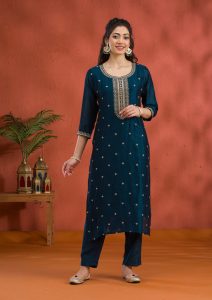 Peacock Blue Soft Raw Silk Gold Zariwork Straight Kurta With Pant Regular And Dupatta