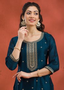 Peacock Blue Soft Raw Silk Gold Zariwork Straight Kurta With Pant Regular And Dupatta