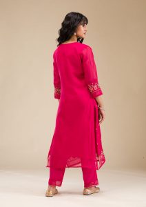 Rani Pink Chanderi Threadwork Straight Kurta With Pant Regular And Dupatta