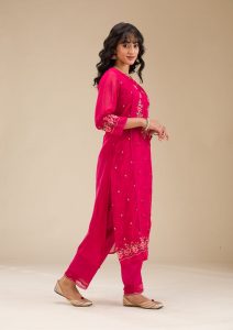 Rani Pink Chanderi Threadwork Straight Kurta With Pant Regular And Dupatta