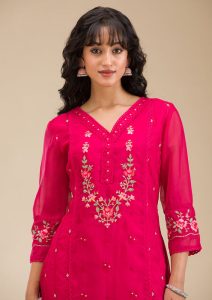 Rani Pink Chanderi Threadwork Straight Kurta With Pant Regular And Dupatta