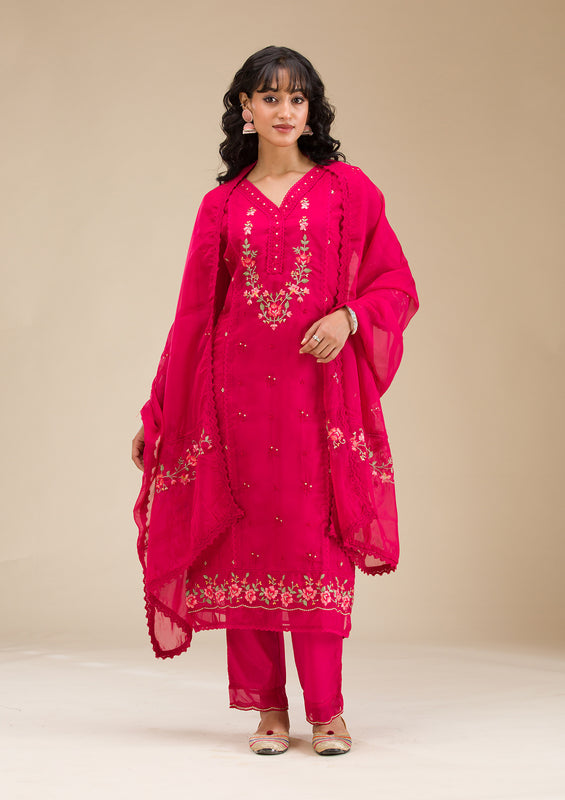 Rani Pink Chanderi Threadwork Straight Kurta With Pant Regular And Dupatta