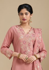 Rust Chanderi Threadwork Straight Kurta With Regular Pant And Dupatta