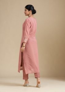 Rust Chanderi Threadwork Straight Kurta With Regular Pant And Dupatta