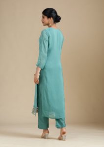 Sea Green Organza Silver Zariwork Straight Kurta With Pant Regular And Dupatta
