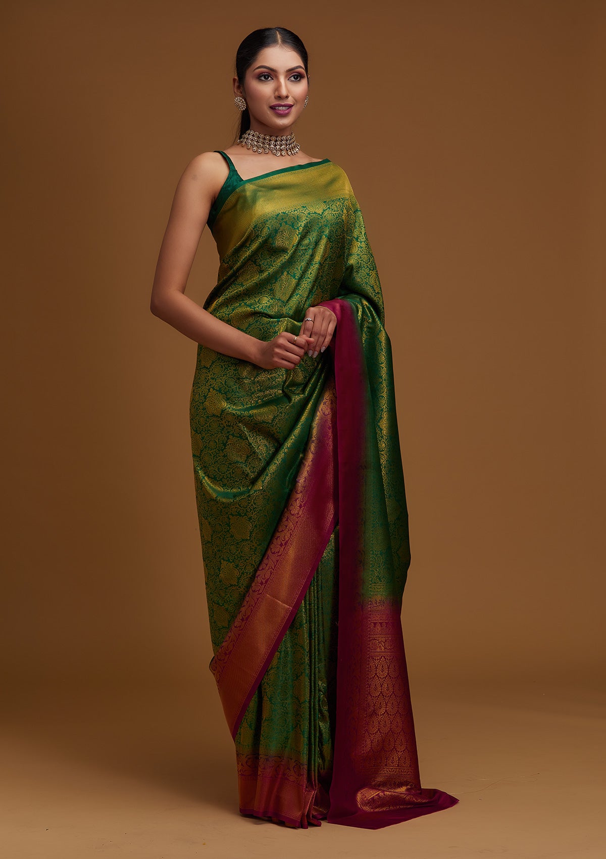 Bottle Green Zari Work Banarasi Saree