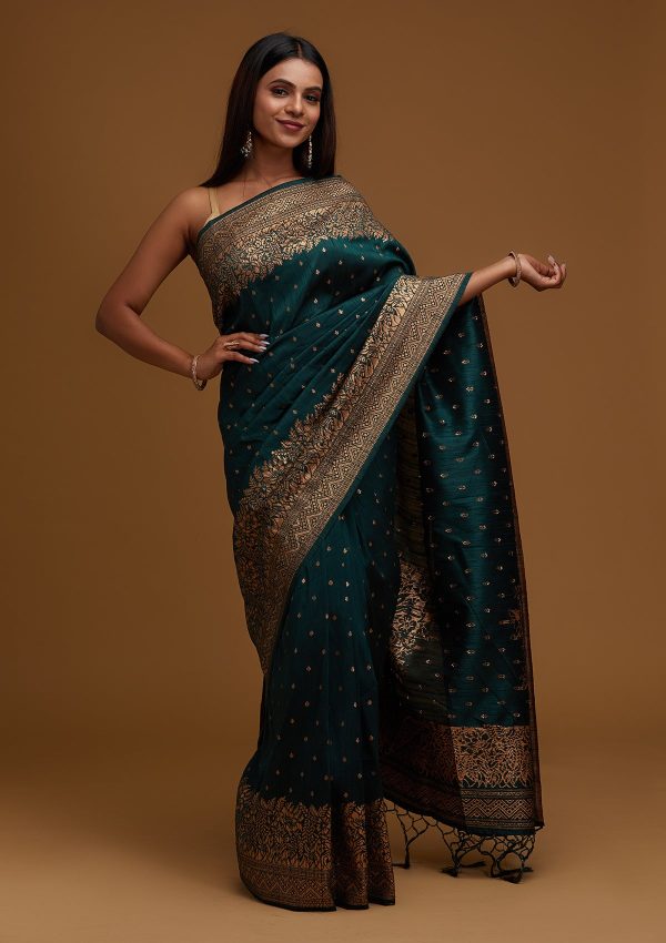 Bottle Green Zari Work Banarasi Saree