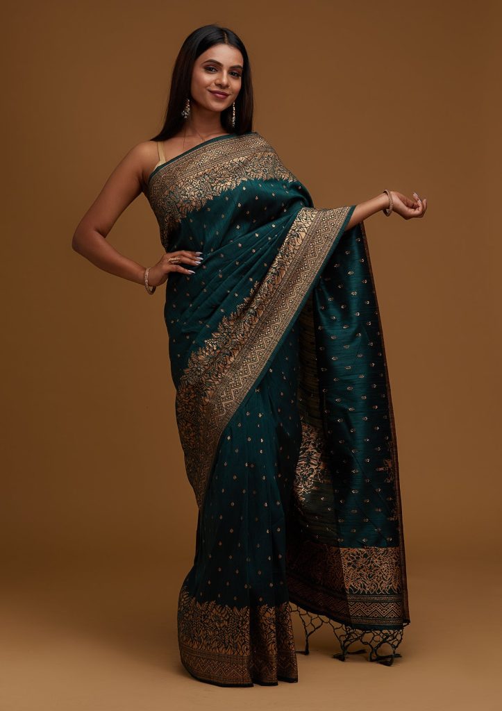 Bottle Green Zari Work Banarasi Saree