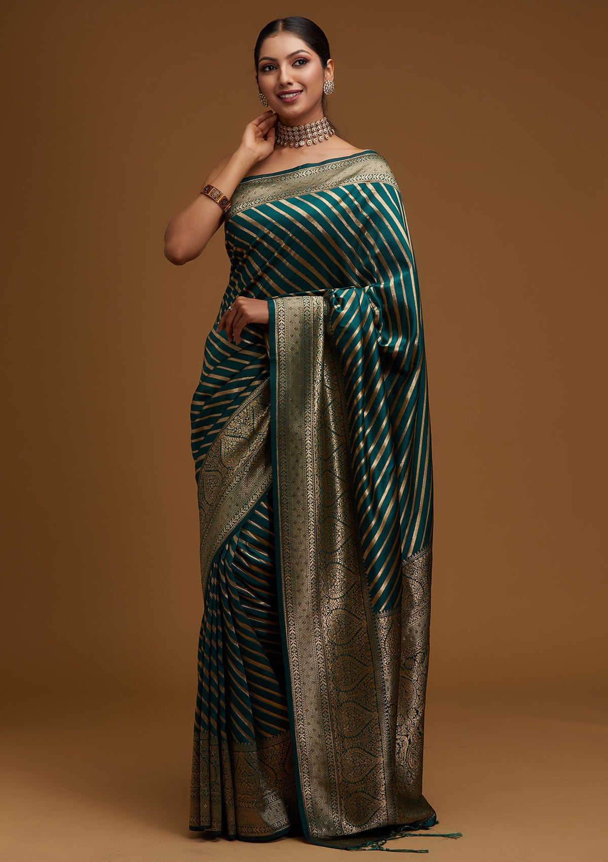 Bottle Green Silk Gold Zariwork Saree With Matching Blouse Piece