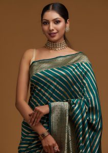 Bottle Green Silk Gold Zariwork Saree With Matching Blouse Piece