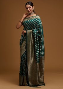 Bottle Green Silk Gold Zariwork Saree With Matching Blouse Piece
