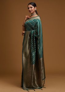 Bottle Green Silk Gold Zariwork Saree With Matching Blouse Piece