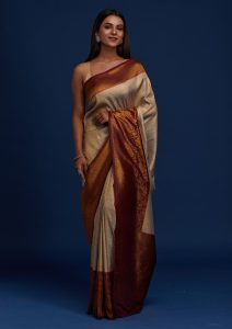 Light Grey Silk Jaal Gold Zariwork Saree With Matching Blouse Piece