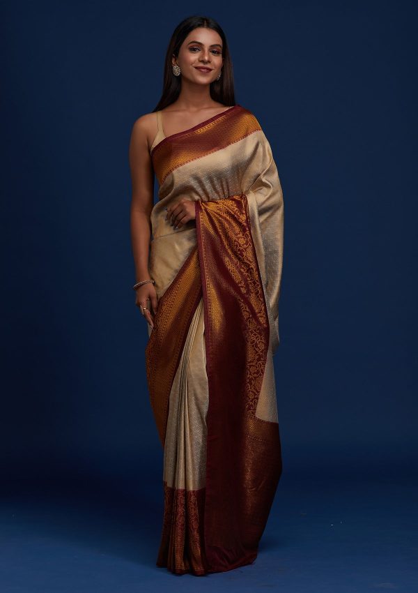 Light Grey Silk Jaal Gold Zariwork Saree With Matching Blouse Piece