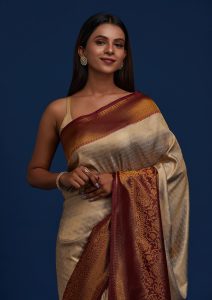 Light Grey Silk Jaal Gold Zariwork Saree With Matching Blouse Piece