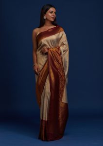 Light Grey Silk Jaal Gold Zariwork Saree With Matching Blouse Piece
