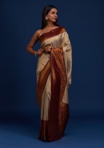 Light Grey Silk Jaal Gold Zariwork Saree With Matching Blouse Piece