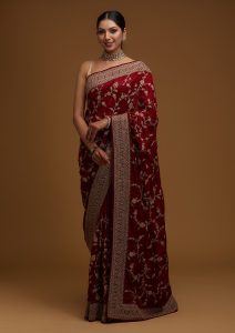 Maroon Stone Work Raw Silk Saree