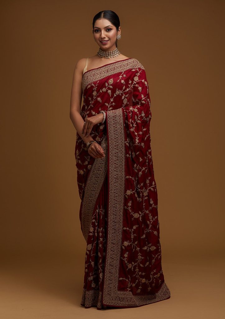 Maroon Stone Work Raw Silk Saree