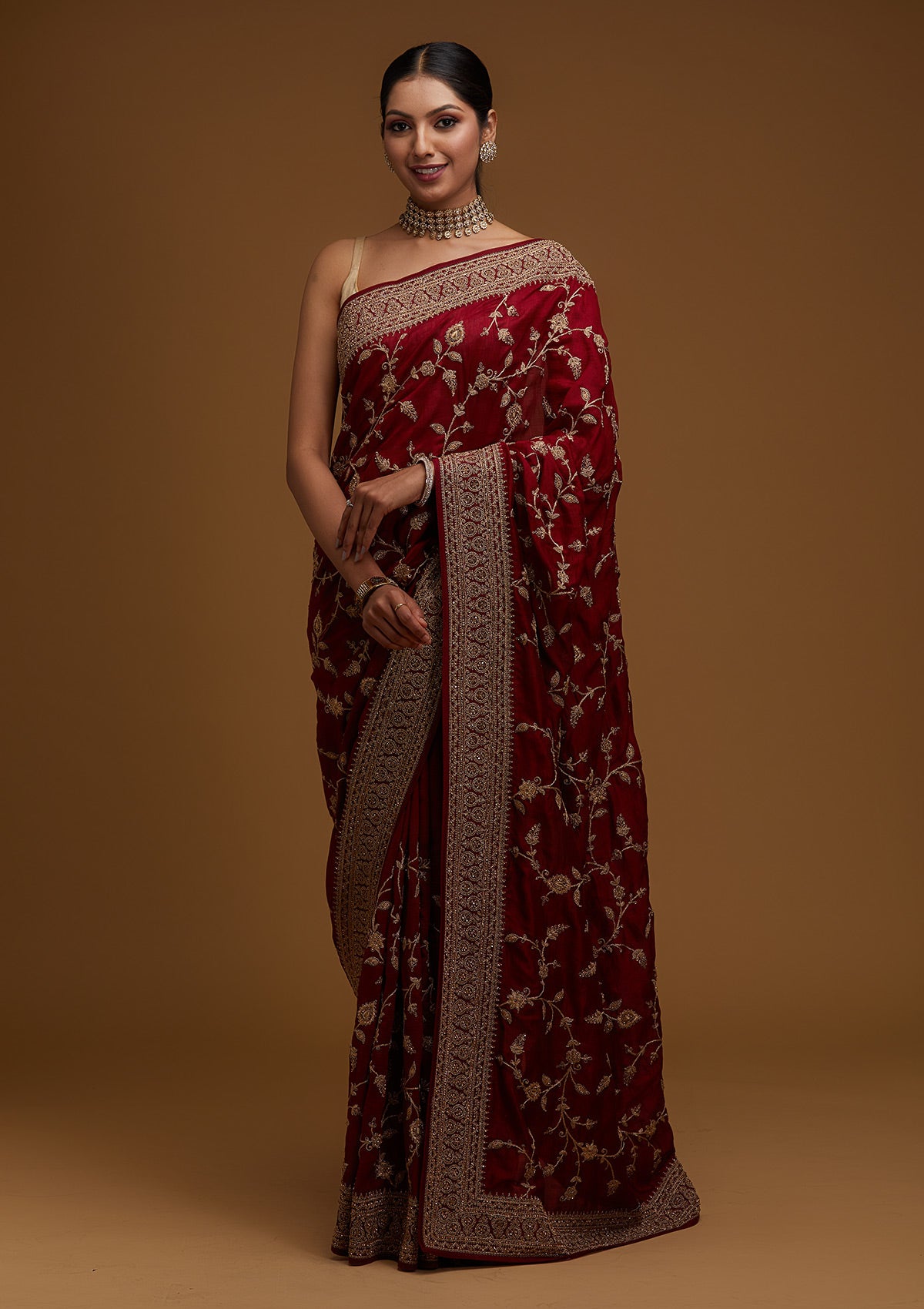 Maroon Stone Work Raw Silk Saree