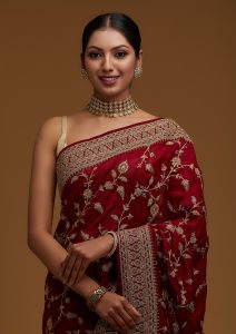 Maroon Stone Work Raw Silk Saree