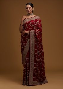 Maroon Stone Work Raw Silk Saree