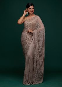 Mauve Satin Pearlwork Saree With Matching Blouse Piece