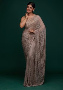 Mauve Satin Pearlwork Saree With Matching Blouse Piece