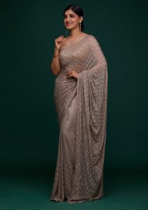 Mauve Satin Pearlwork Saree With Matching Blouse Piece