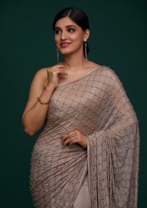 Mauve Satin Pearlwork Saree With Matching Blouse Piece