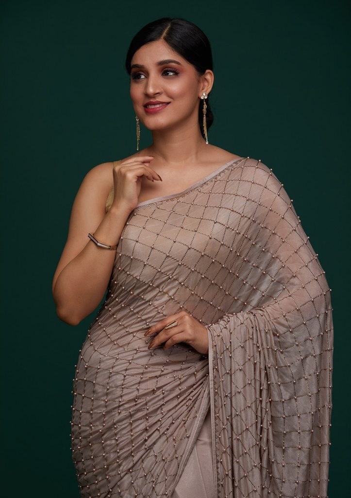 Mauve Satin Pearlwork Saree With Matching Blouse Piece