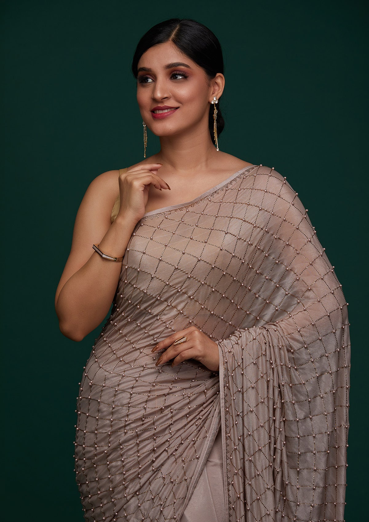 Mauve Satin Pearlwork Saree With Matching Blouse Piece