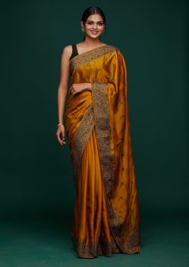 Mustard Soft Raw Silk Swarovski Saree With Matching Blouse Piece