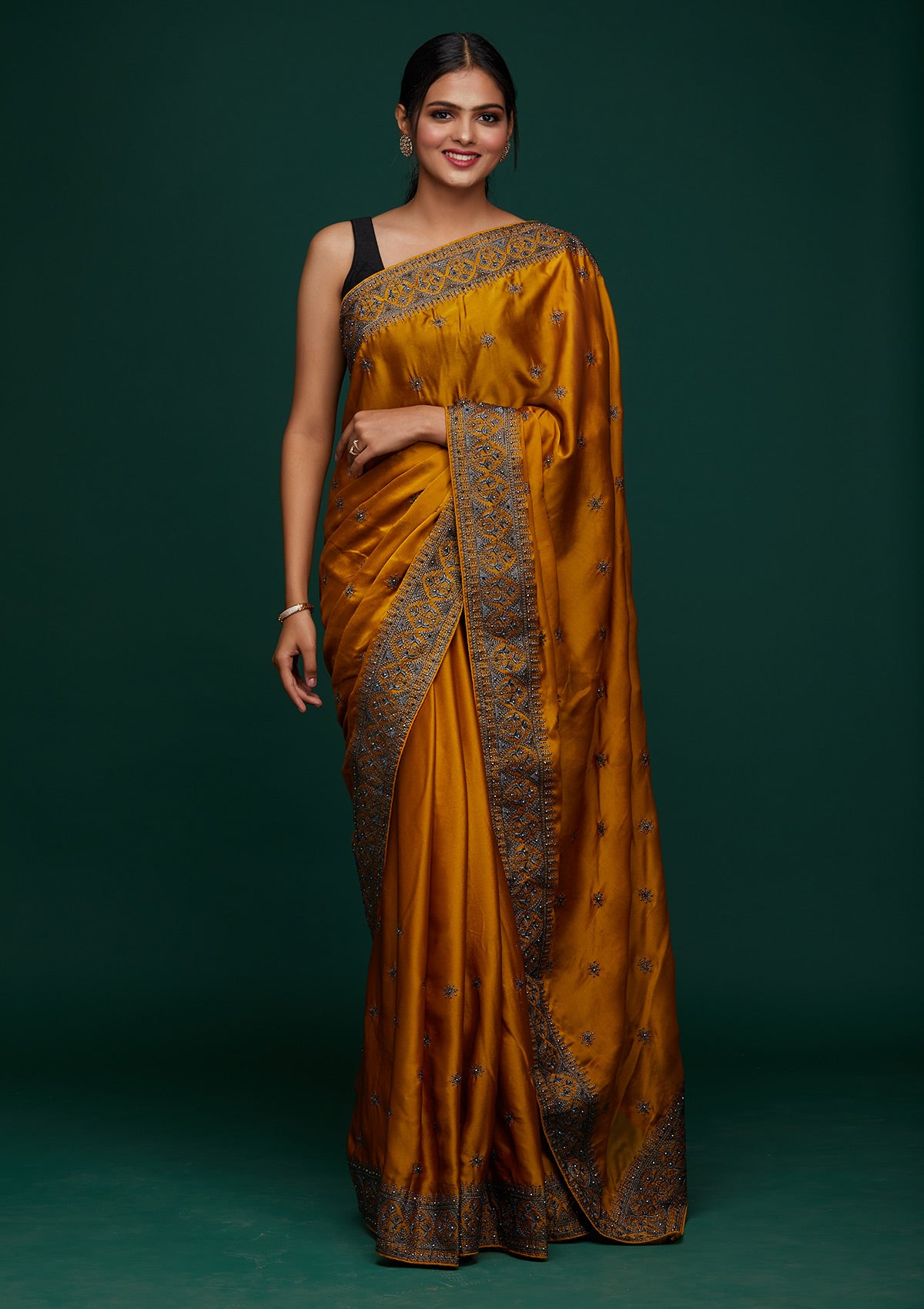 Mustard Soft Raw Silk Swarovski Saree With Matching Blouse Piece