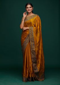Mustard Soft Raw Silk Swarovski Saree With Matching Blouse Piece