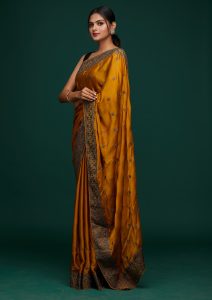 Mustard Soft Raw Silk Swarovski Saree With Matching Blouse Piece