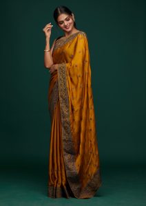 Mustard Soft Raw Silk Swarovski Saree With Matching Blouse Piece