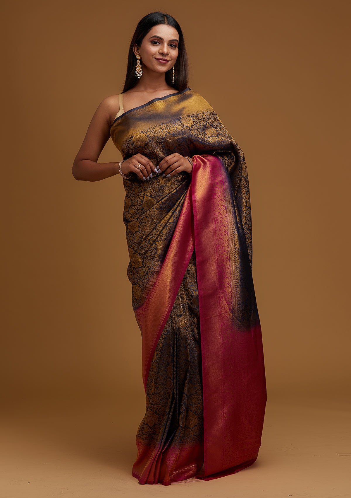 Navy Blue Silk Jaal Gold Zariwork Saree With Matching Blouse Piece