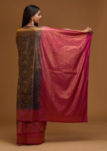 Navy Blue Silk Jaal Gold Zariwork Saree With Matching Blouse Piece